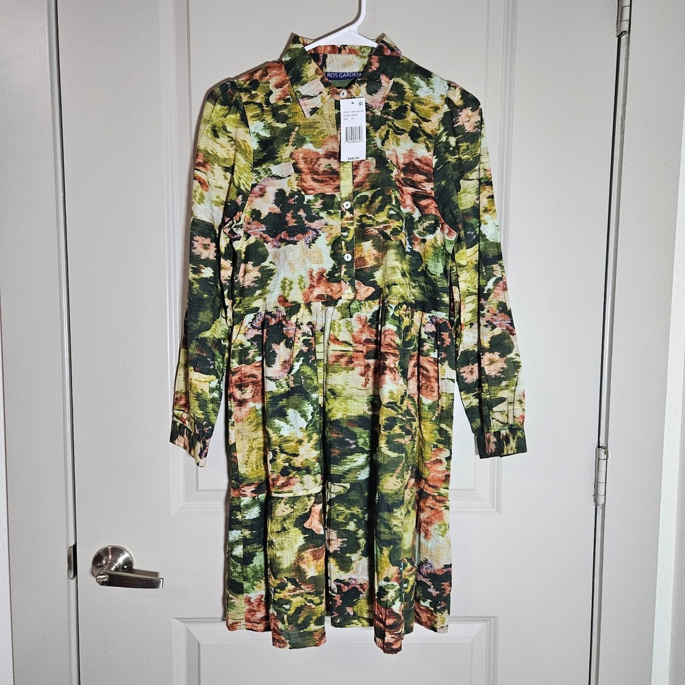 $200 NEW Ro's Garden Romy Dress XS‎ 1/2 Button Lined Abstract Floral Print Green